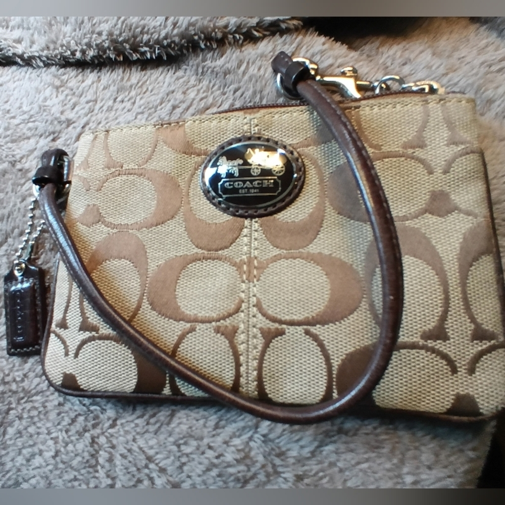Coach Tan and Brown Signature Wristlet